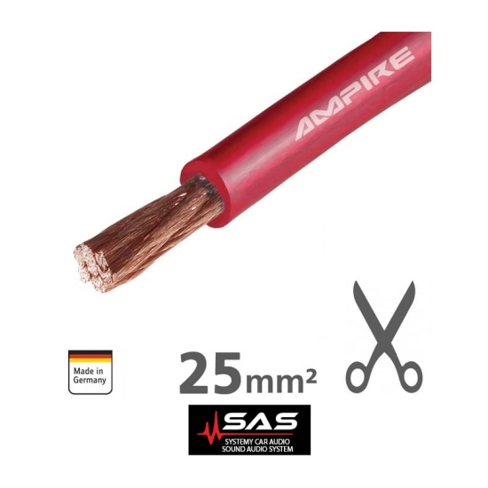 Przewód zasilający Ampire XSK25 RED/ 35m Kabel zasilający AMPIRE czerwony 25 mm² . Wysokowydajny czerwony kabel zasilający, seria X-Link